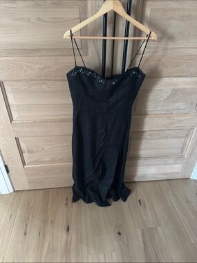 Reformation Black Spaghetti Strap linen Dress with Embroidered Neckline